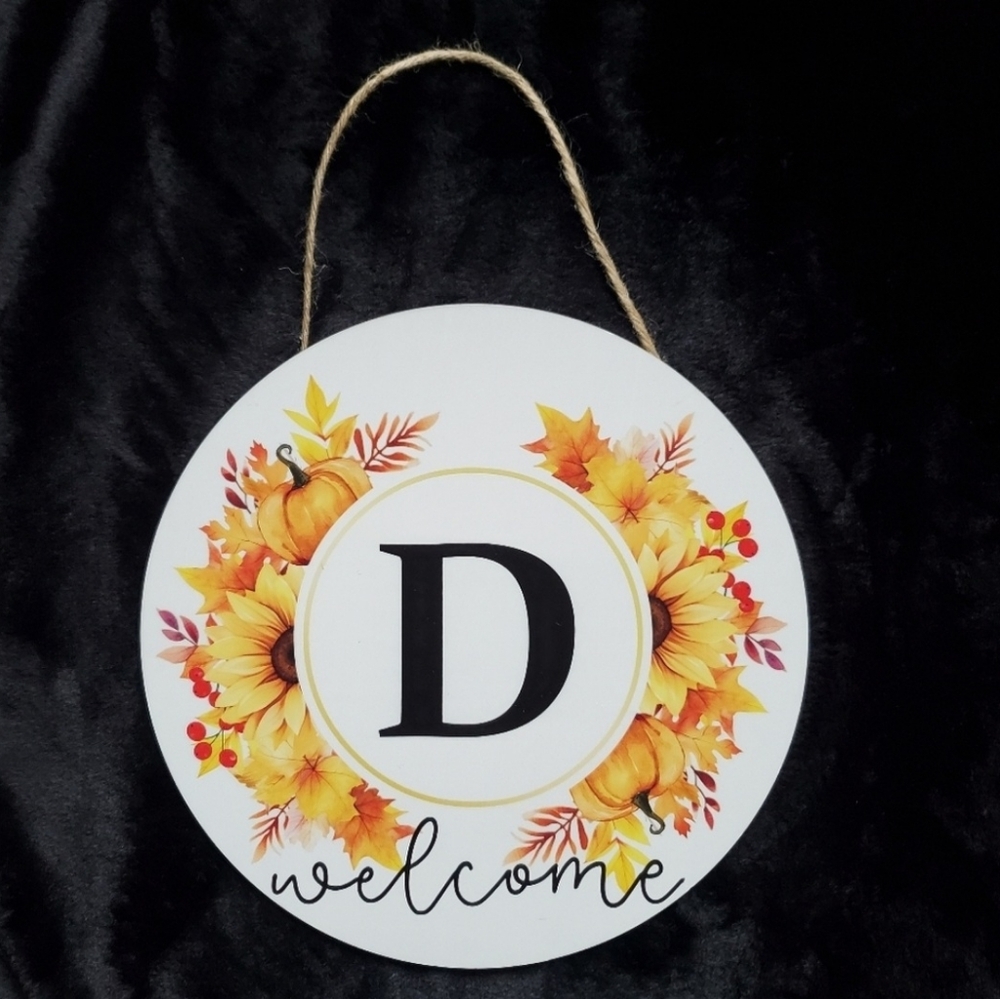 Wooden Fall Autumn Circular Welcome Sign 12" x 12" Last Name Inital "D" Sign